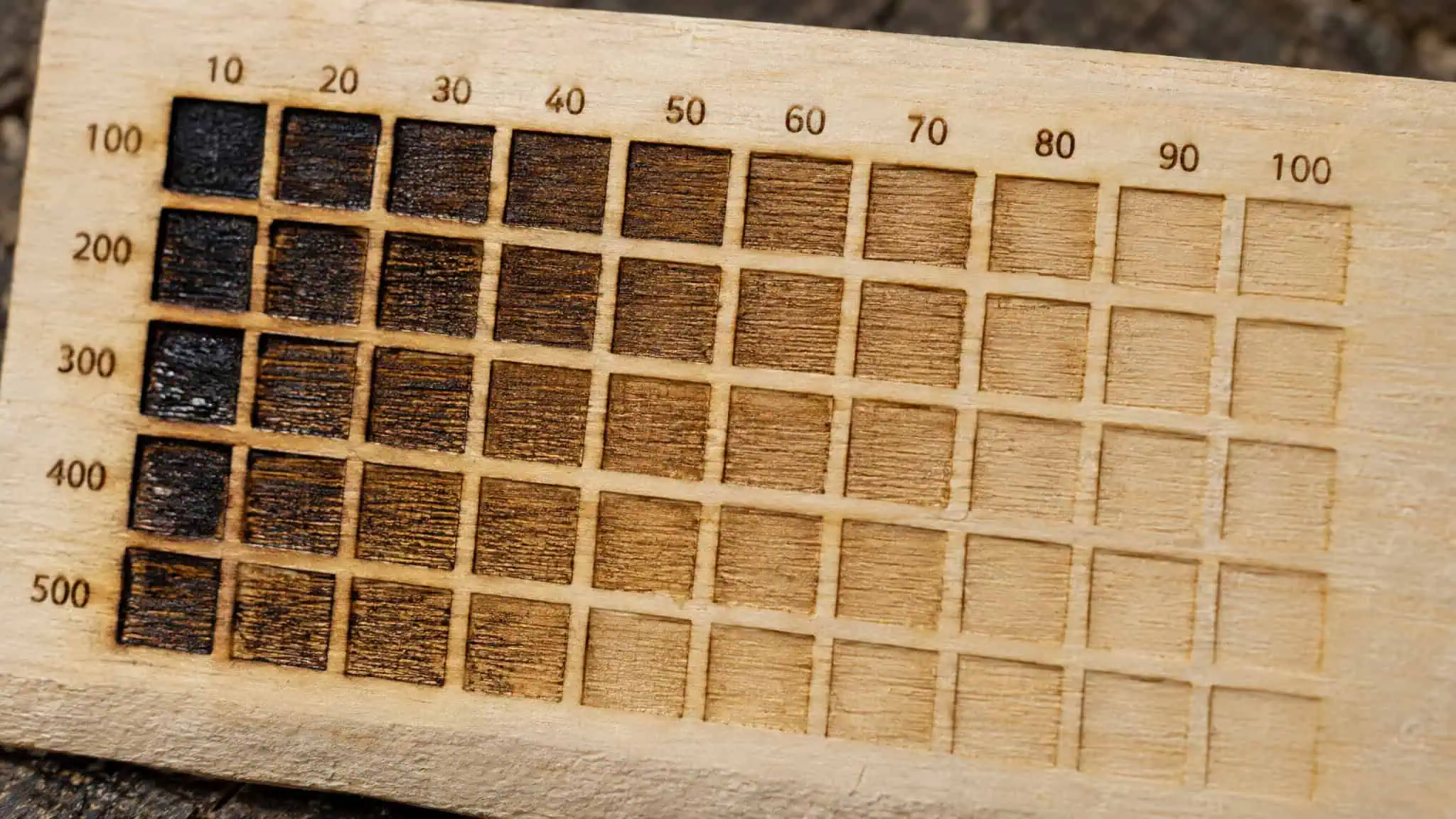 Laser Engraving Settings for Different Materials: Tested 105W, 155W & 30–120W Charts 4 Speed and power test grid burned into plywood scrap for calibrating laser engraving settings