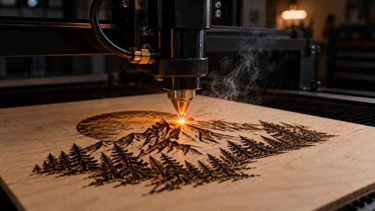 A laser engraver is carving a detailed forest landscape with trees into a wooden surface, showcasing precision technology.