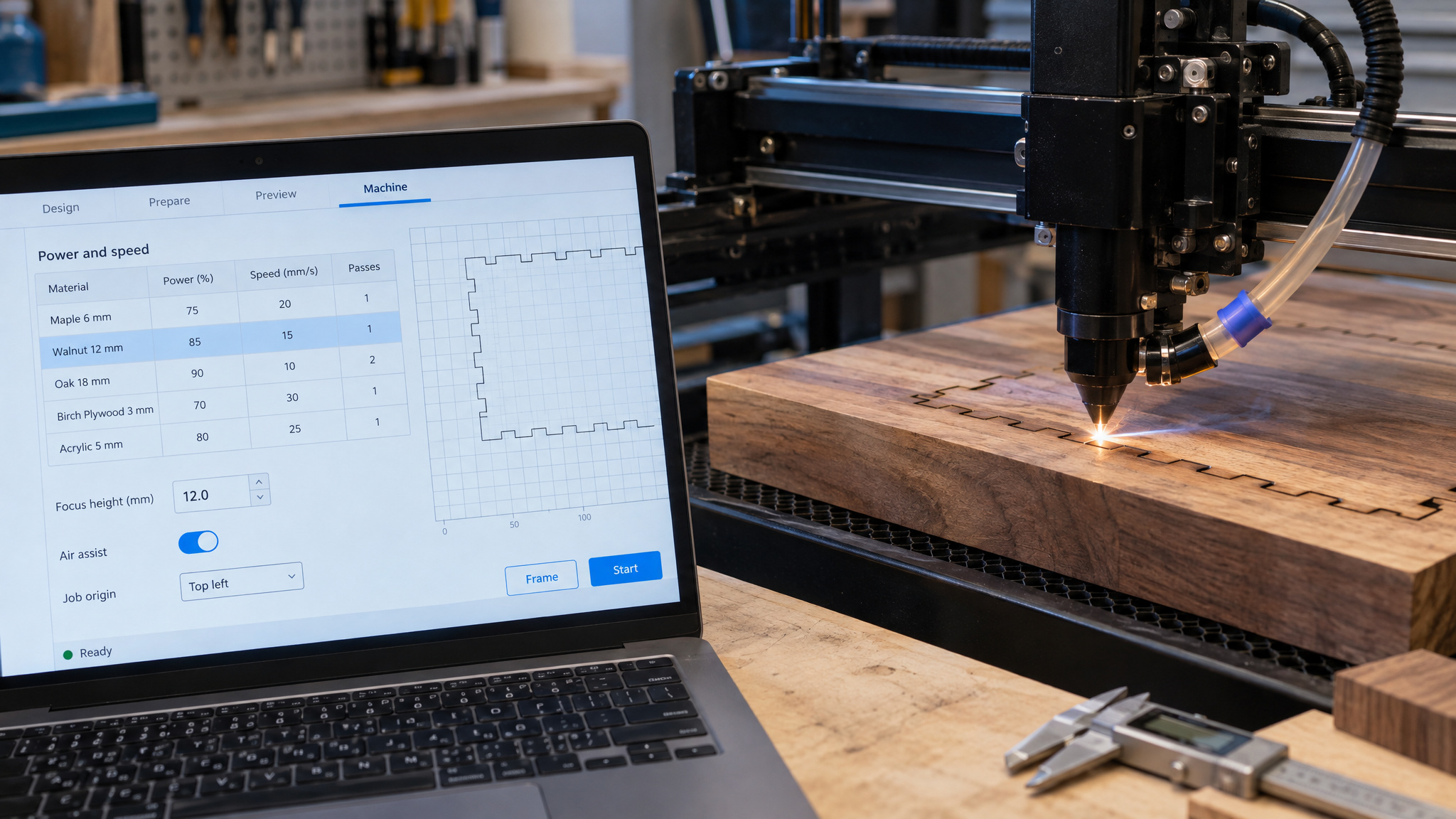 Laser power and speed settings for cutting wood thickness by wattage on a diode laser