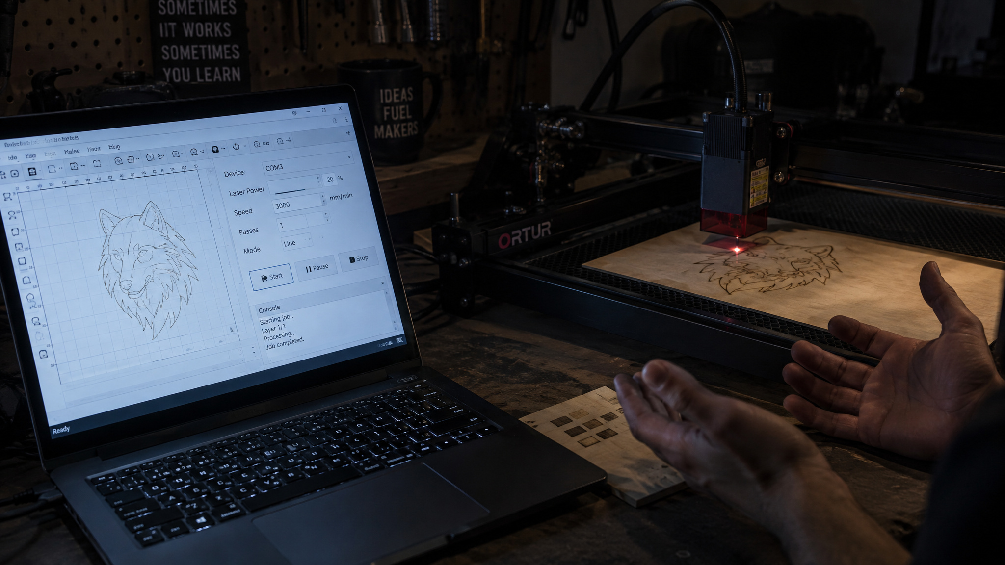 LightBurn settings mismatch causing laser to score instead of cut through wood