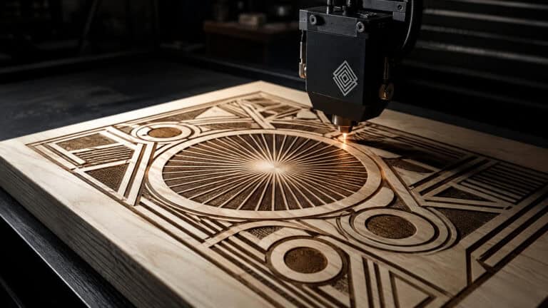 A laser engraving machine is carving intricate geometric patterns into a wooden surface, showcasing precision craftsmanship and modern technology.