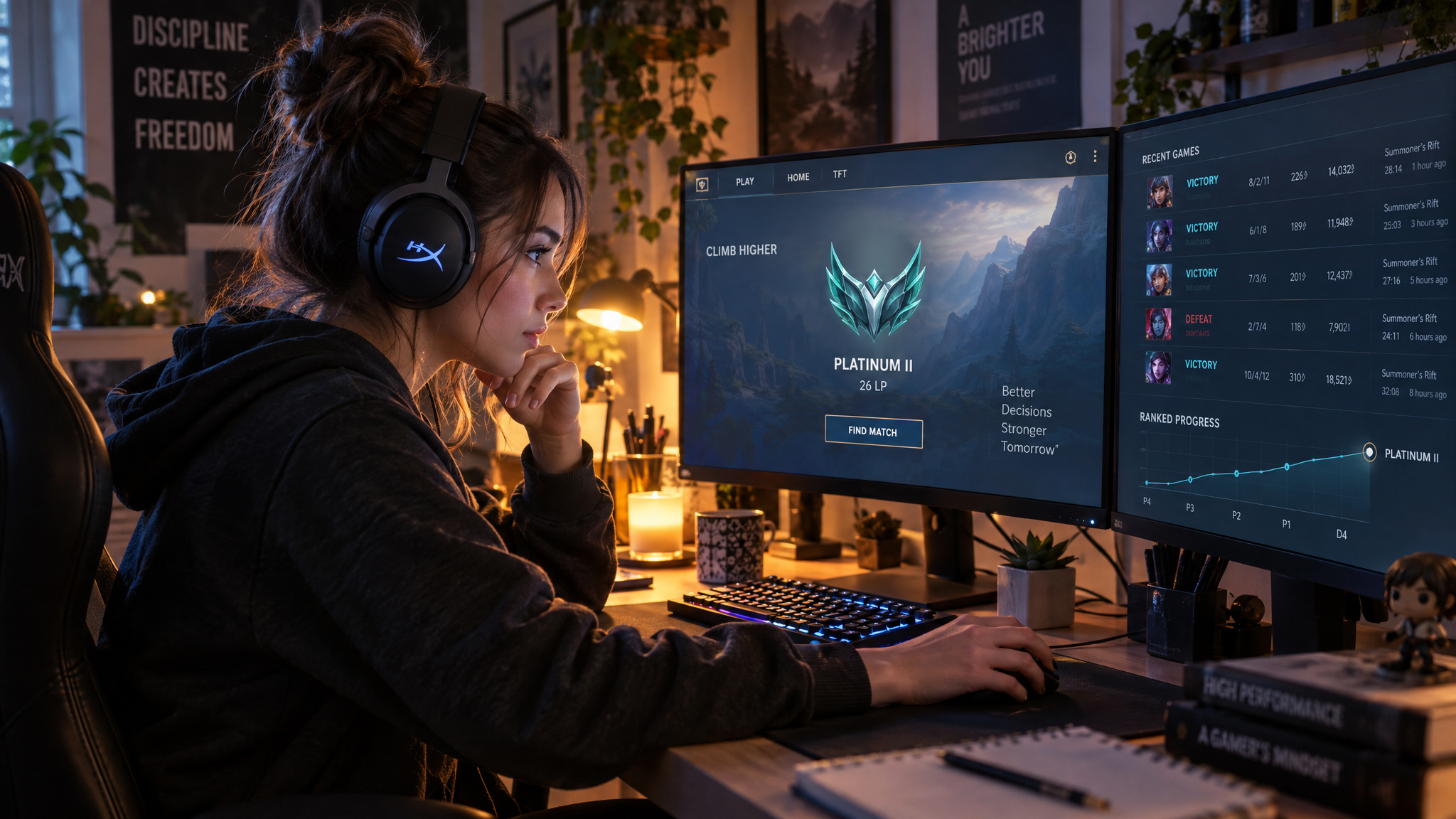 Female gamer grinding ranked ladder on PC illustrating skill-first path to pro esports signing