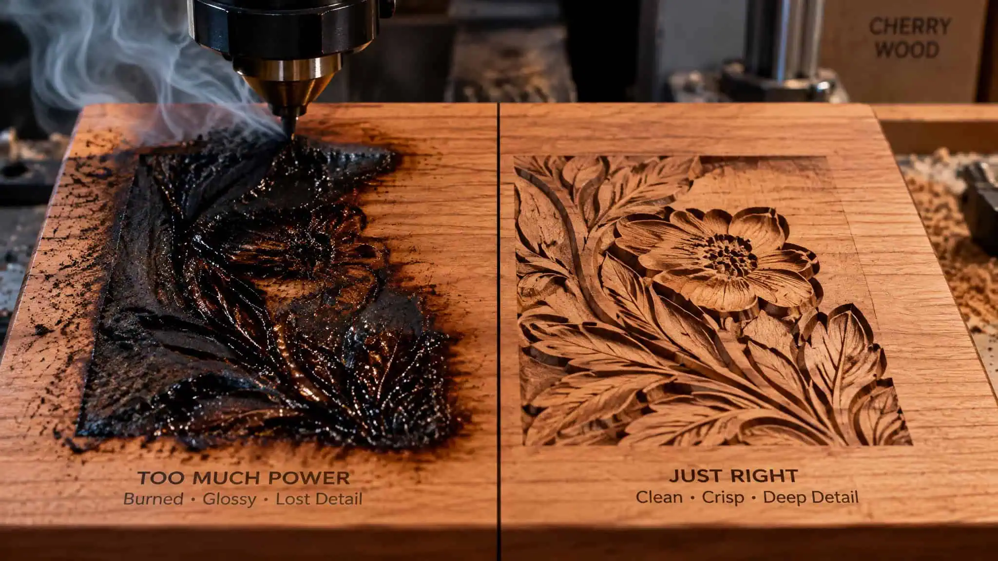 Multi-pass laser engraving on cherry wood showing less char and deeper detail than single slow pass