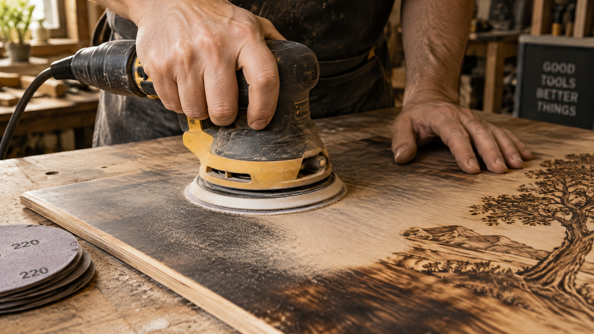 Orbital sander removing scorch from a flat wood face while avoiding a detailed laser engraving