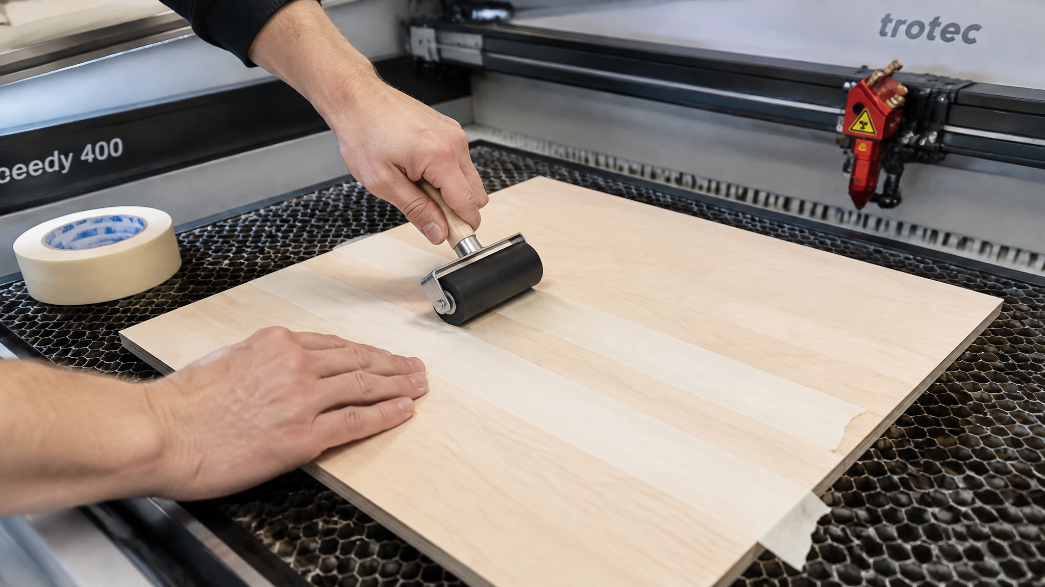 Applying paper masking tape with a brayer roller before laser cutting to prevent burn marks