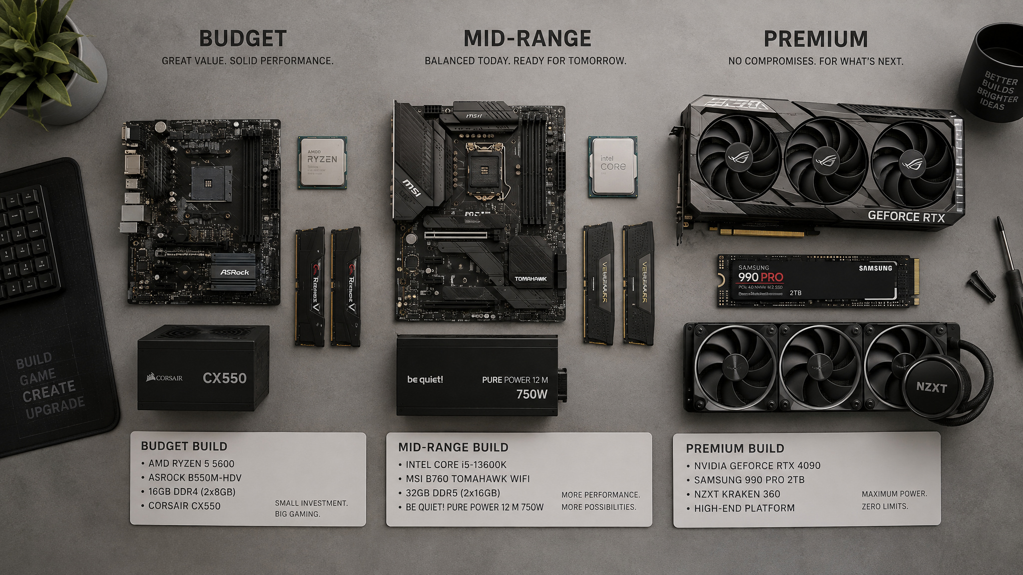 How to Budget for a New Computer: What $530, $899, and $1,200 Actually Buy 3 PC hardware tiers showing what $1,000 budget buys across budget, mid-range, and high-end desktops