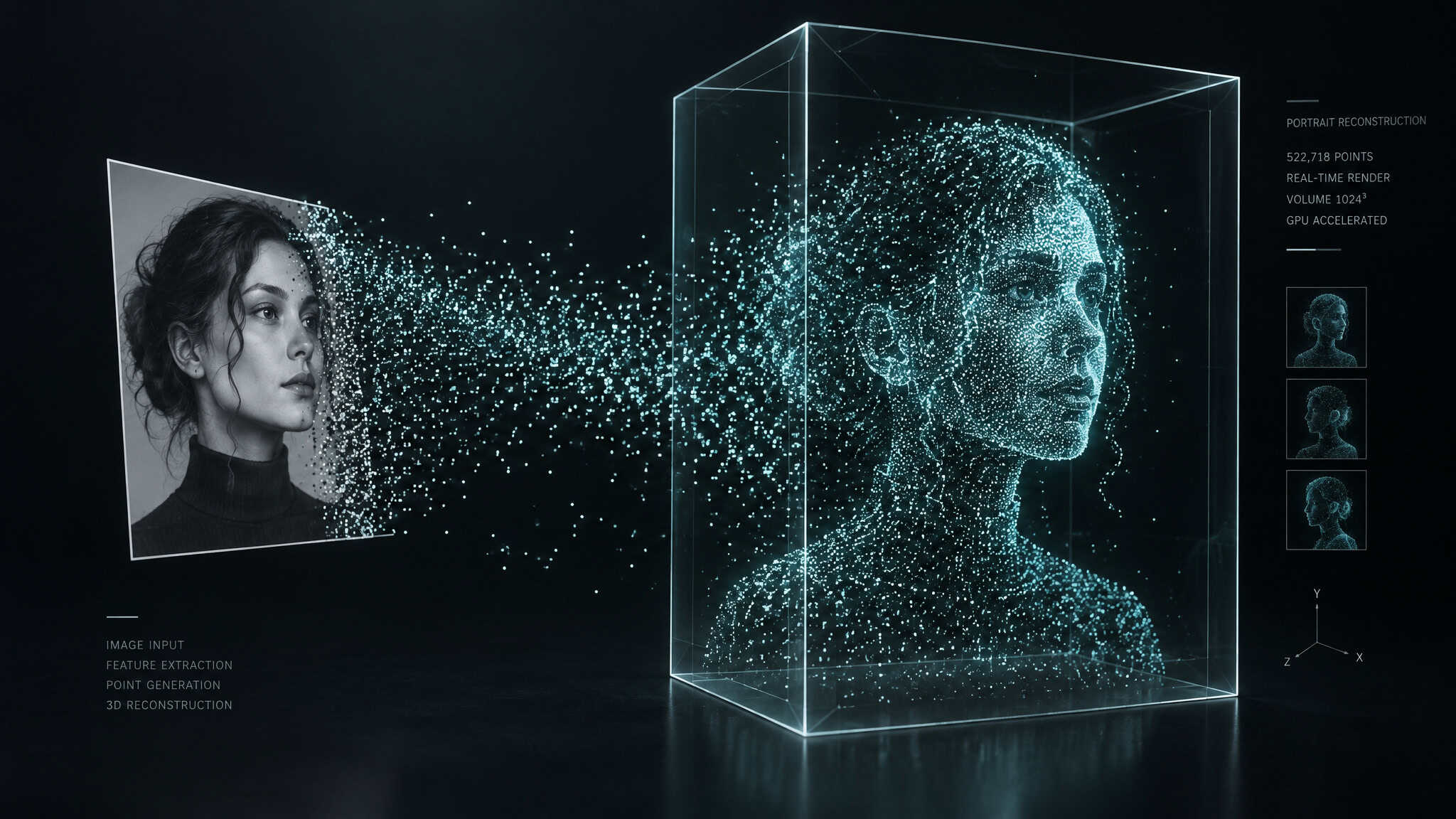Flat photo converted into a 3D point cloud for crystal engraving