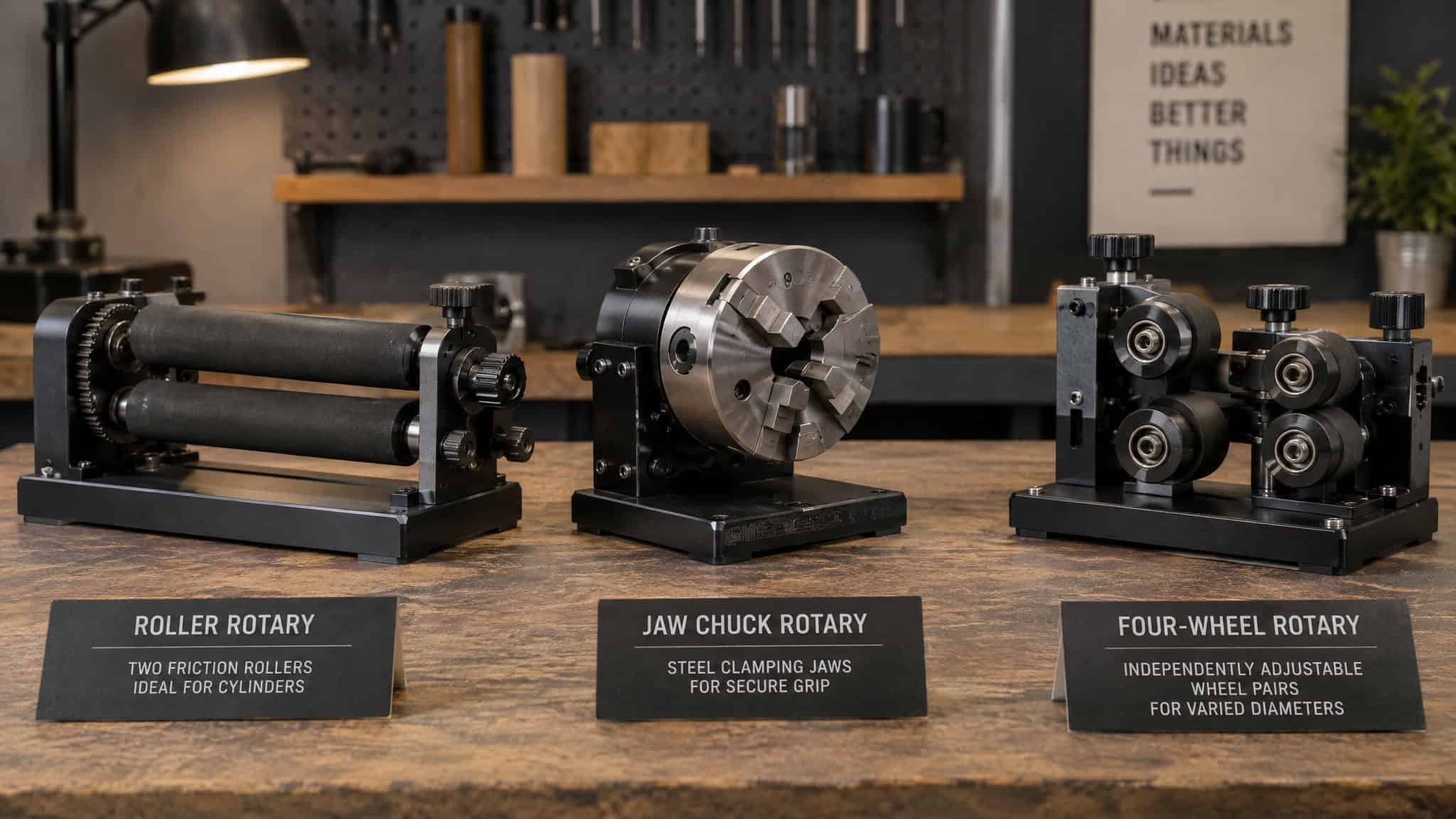 Laser Engraving on Glass Bottles: The Rotary Setup, Settings, and Placement Rules Most Beginners Miss 2 Roller rotary, jaw chuck, and four-wheel rotary attachments for laser engraving bottles