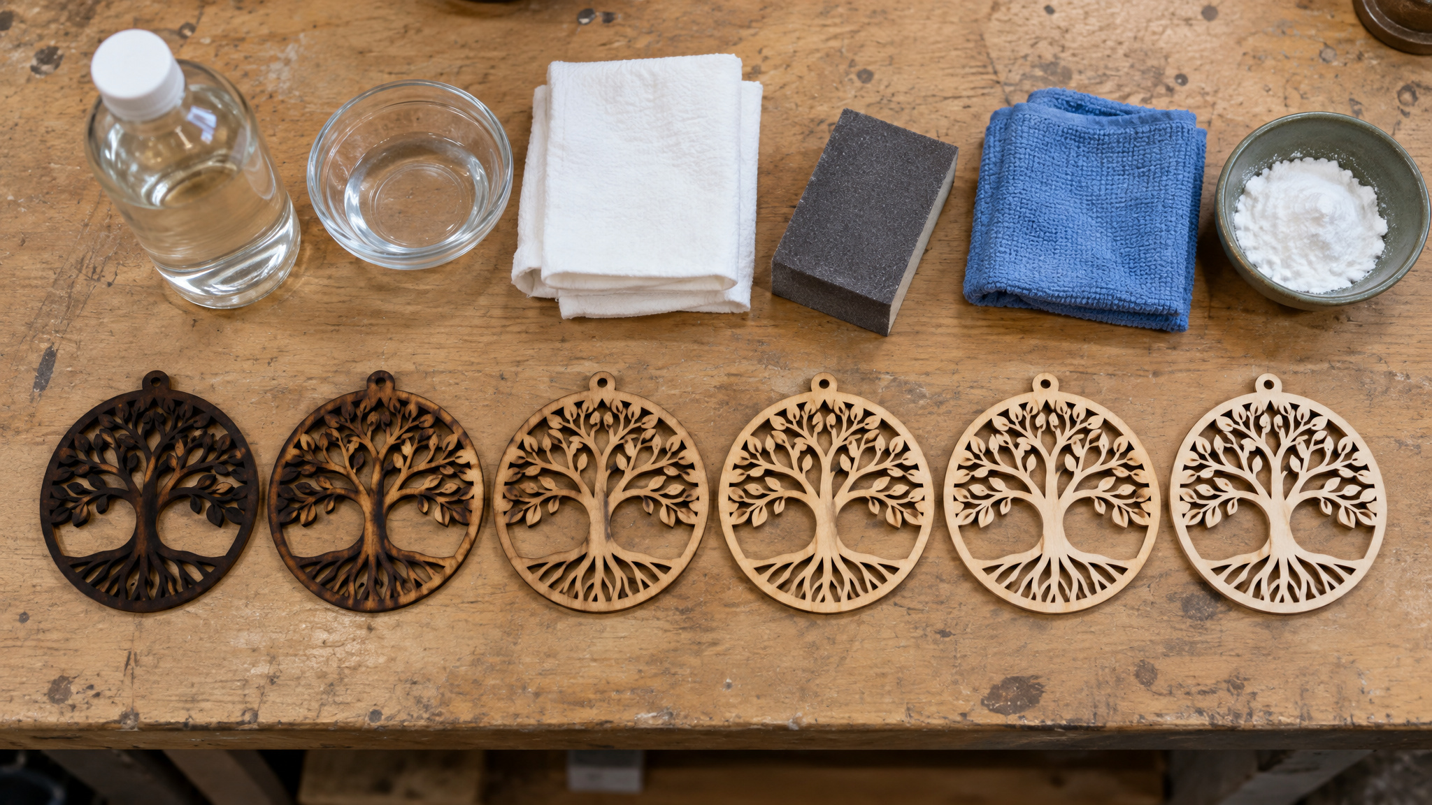 Six identical laser-cut wood pieces compared after testing different laser burn cleaning methods side by side