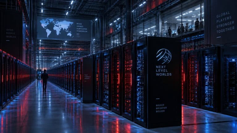 Modern data center with rows of illuminated servers and digital screens displaying global connectivity and technology themes.
