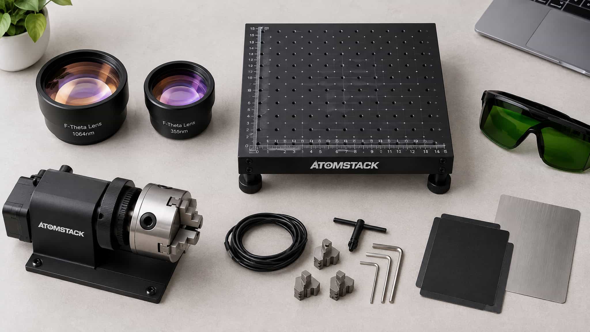 UV Laser Engraver for Glass: Tested Settings, Cracked Blanks, and When the 355nm Premium Pays Off 4 Buying checklist items for a UV laser engraver for glass: dual lenses, riser stand, and rotary chuck