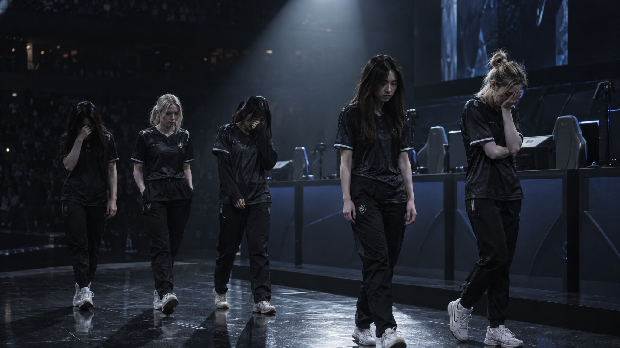 All-female League of Legends team leaving the stage after a lopsided LCL match loss