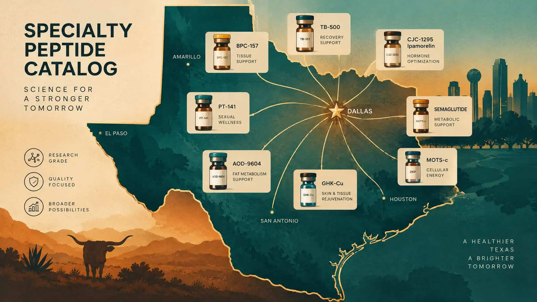 Victory Select Texas regional specialty peptide catalog with quote-on-consult pricing