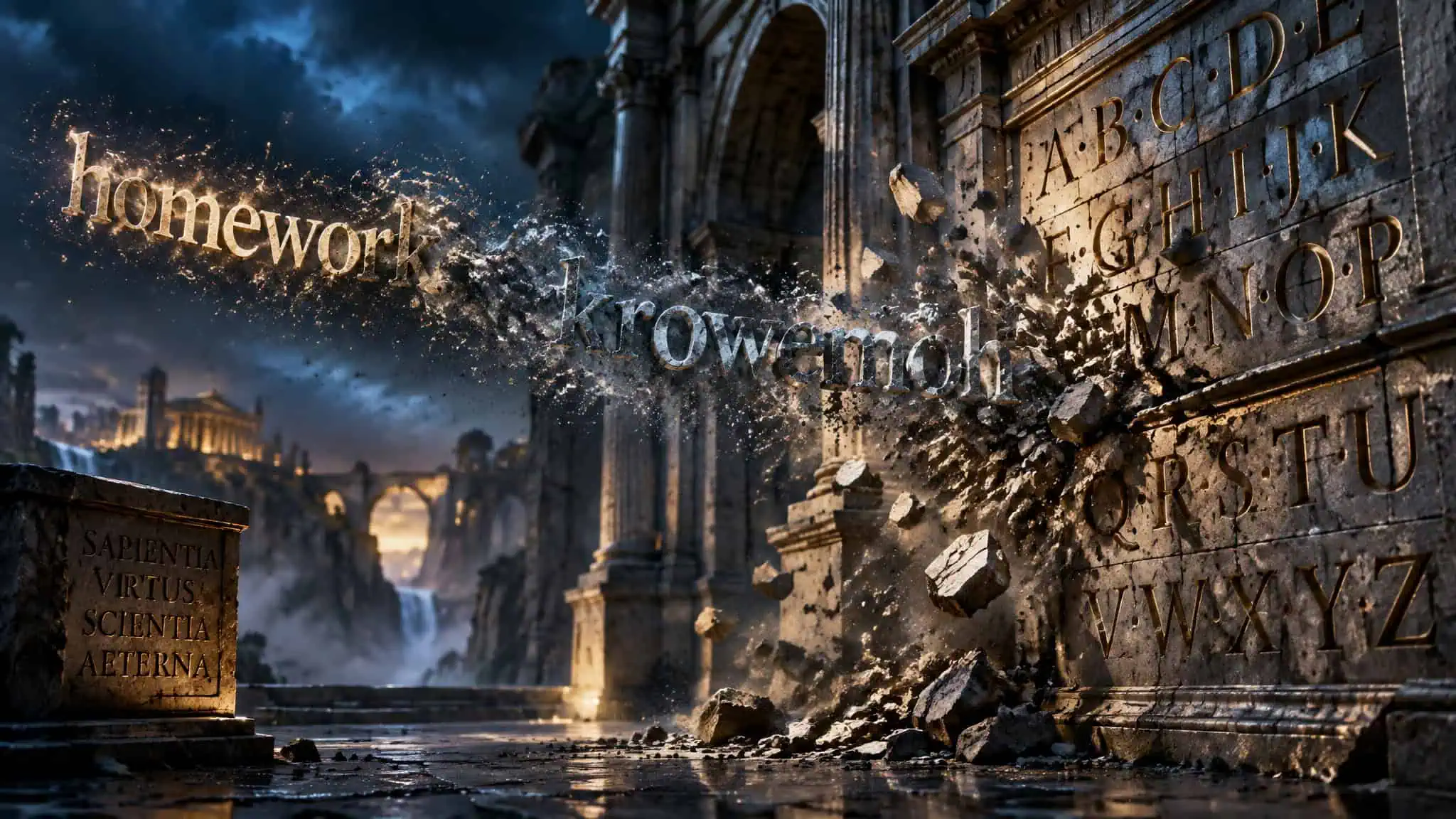 Ancient ruins with crumbling walls and scattered letters flowing like dust, creating a cinematic scene perfect for tech and learning themes.
