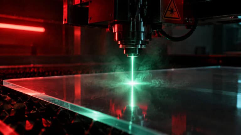 High-precision laser cutting machine emitting a green laser beam onto a metal sheet, with red ambient lighting highlighting the industrial setting.