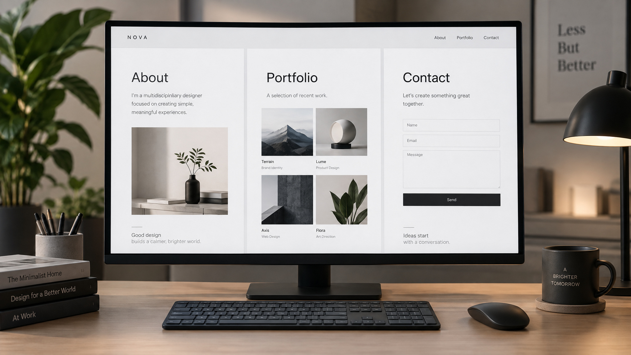 A sleek computer monitor displaying a modern web design portfolio with sections About, Portfolio, and Contact, on a tidy desk with plants and office accessories.