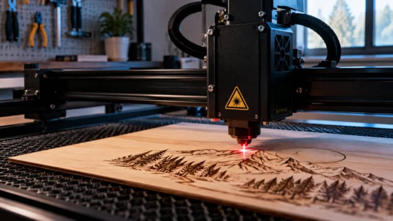 Laser engraving machine carving detailed forest scene on wooden panel, showcasing precision technology and craftsmanship.