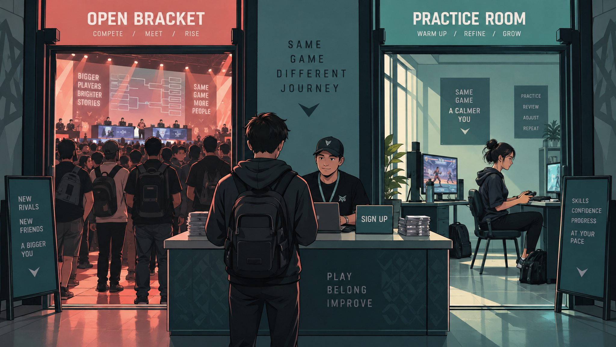 What Does Female Esports Mean? The IeSF 2014 Reversal and the 35%/5% Gap 3 Illustration contrasting open esports brackets with women-only divisions as equity versus segregation