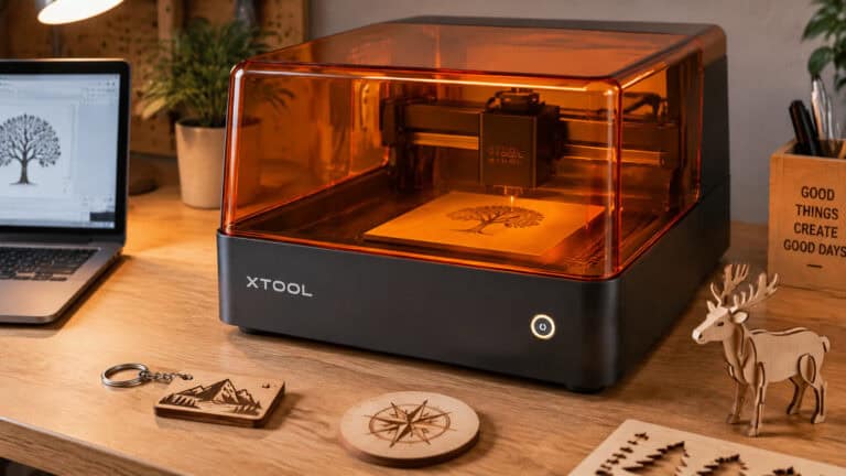 X-Tool 3D printer with orange transparent cover on a wooden desk, surrounded by decorative items and a laptop, in a modern workspace.