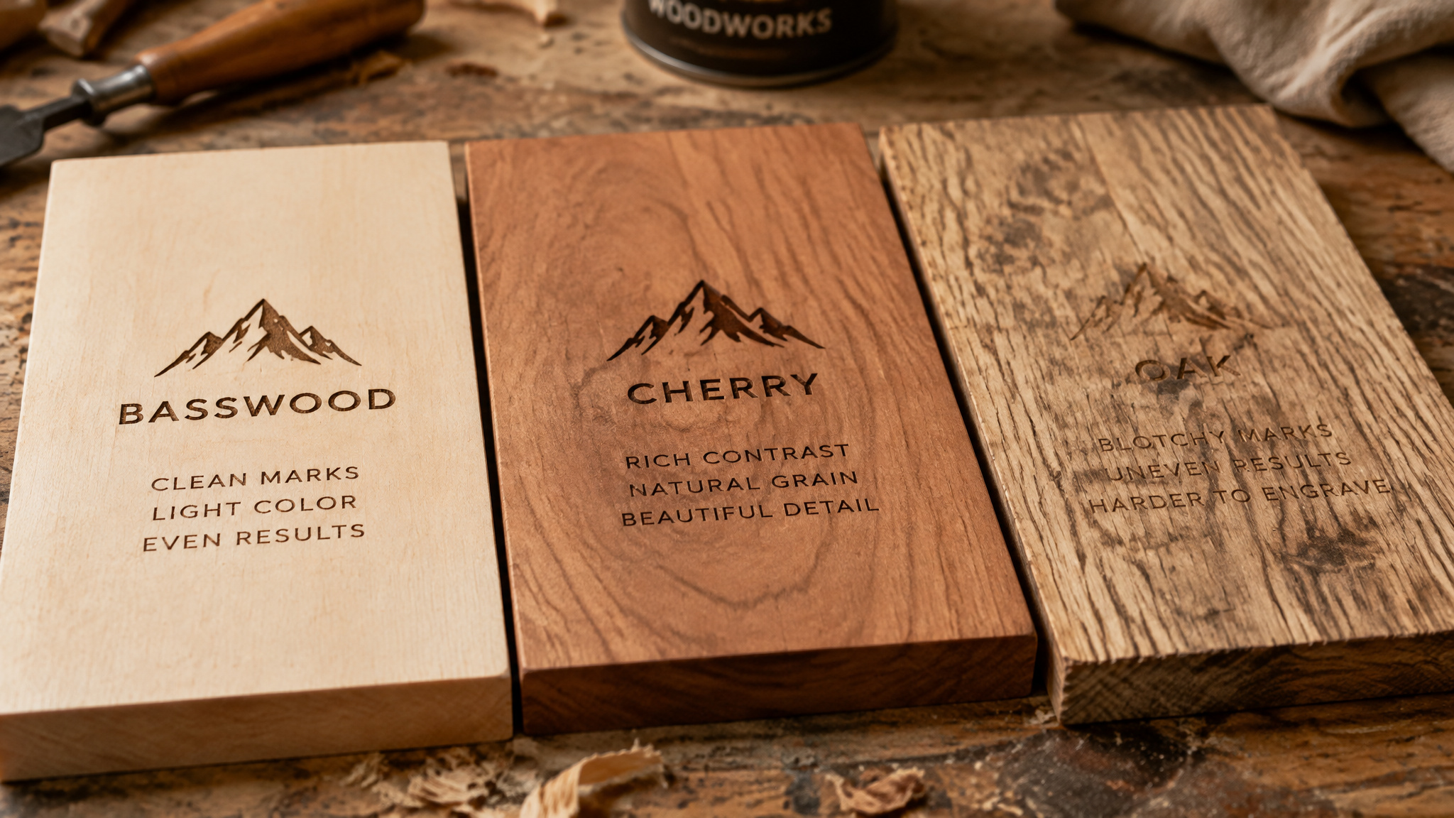 Wood samples showing how grain, resin, and color affect laser engraving burn contrast